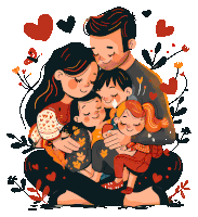 an illustration of a family hugging each other with hearts and flowers in the background