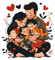 an illustration of a family hugging each other with hearts and flowers in the background
