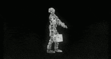 a black and white drawing of a person made out of blocks
