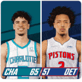 two basketball players from charlotte and pistons are shown side by side