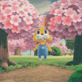 a cartoon bunny wearing blue overalls and a hat is standing in front of cherry blossom trees