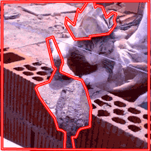 a cat wearing a crown is laying on a brick wall with a red outline around it