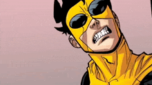 a cartoon character is wearing a yellow mask and sunglasses .