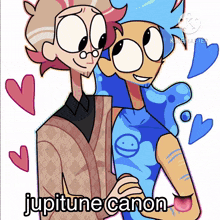 a couple of cartoon characters standing next to each other with the words jupitere canon on the bottom