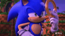 a close up of sonic the hedgehog holding a donut in a video game .