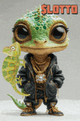 a cartoon lizard holding a chameleon with the word lotto in red