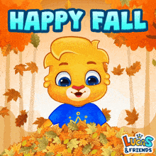 a lucas and friends advertisement shows a bear playing with leaves