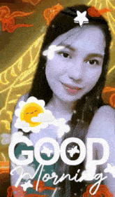 a woman is wearing a headband with the words good morning written on it