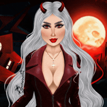 a drawing of a woman in a devil costume with a full moon behind her