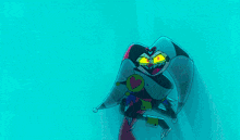 a cartoon character with a long tail and yellow eyes is standing in a room .