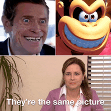 a picture of a man a cartoon monkey and a woman with the caption they 're the same picture