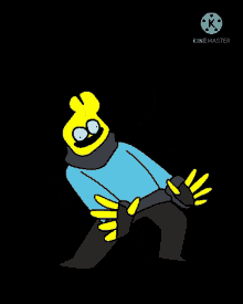 a cartoon character in a blue sweater and black pants is dancing in front of a black background with the words kinemaster on it
