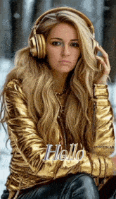 a woman wearing headphones and a gold jacket has the word hello written on the bottom