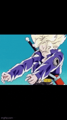 trunks from dragon ball z is holding a sword in his hand and covering his face with his hands .