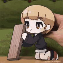 a cartoon drawing of a girl holding a piece of wood with the name wasu @ cermrnl on the bottom