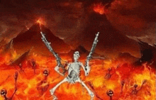 a skeleton is holding two guns in a fire pit surrounded by other skeletons .
