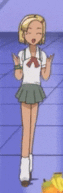 a girl in a school uniform is standing on a tiled floor with her eyes closed