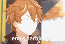 a close up of a person with their eyes closed and the words `` ena 's harbinger '' written on it .