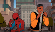 a cartoon drawing of a spider man and a man in an orange jacket