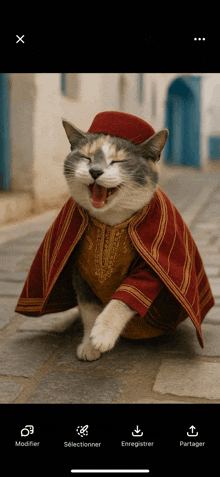 a cat wearing a red cape and a red hat is sitting on a sidewalk