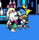 a pixel art drawing of a girl and a boy standing next to each other .