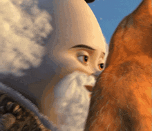 a close up of a cartoon character with a beard looking at a fox