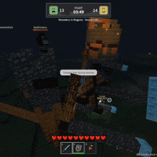 a screenshot of a minecraft game shows a fight between players 13 and 14