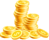a stack of gold coins with dollar signs on them