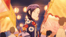 a woman in a kimono stands in a crowded area