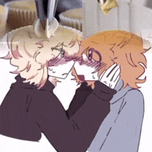 a couple of anime characters covering their faces in front of a cupcake