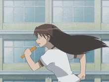 a girl with long hair is running with a baton in her hand