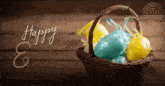 a wicker basket filled with easter eggs and the words happy and original