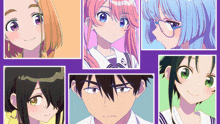 a collage of anime characters including a boy with green eyes