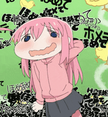 a girl with pink hair and blue eyes is surrounded by chickens and chinese writing