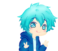 a drawing of a boy with blue hair and blue eyes giving the peace sign