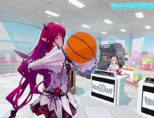 a girl with red hair is holding a basketball in a video game room