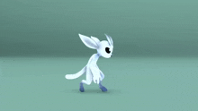 a white cartoon rabbit is running on a green surface .