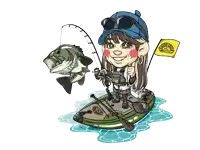 a cartoon of a woman holding a fishing rod and a yellow flag that says ' fishing sticks ' on it