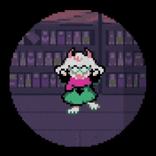 a pixel art of a cat standing in front of a building .