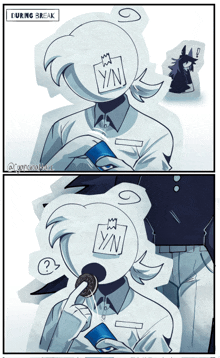 a drawing of a person eating an oreo cookie with the letters yn on their face