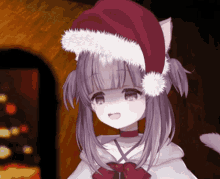 a girl with purple hair is wearing a santa hat and smiling