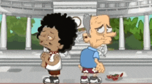 two cartoon characters are standing next to each other with one looking sad
