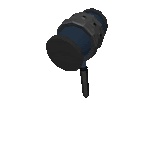 a blue and black microphone with a black handle is on a white background .