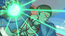 a cartoon character has a green light coming out of his hand