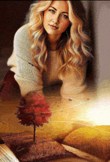 a painting of a woman with a tree in the middle