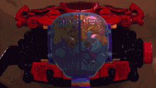 a purple object is surrounded by a red object and a black object