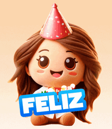 a cartoon girl wearing a party hat holds a sign that says feliz