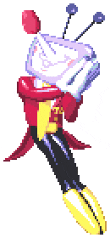 a pixel art drawing of a bee with a flower on its head