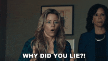 a woman with a surprised look on her face is asking why did you lie .
