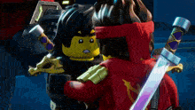two lego figures are standing next to each other and one has a purple sword